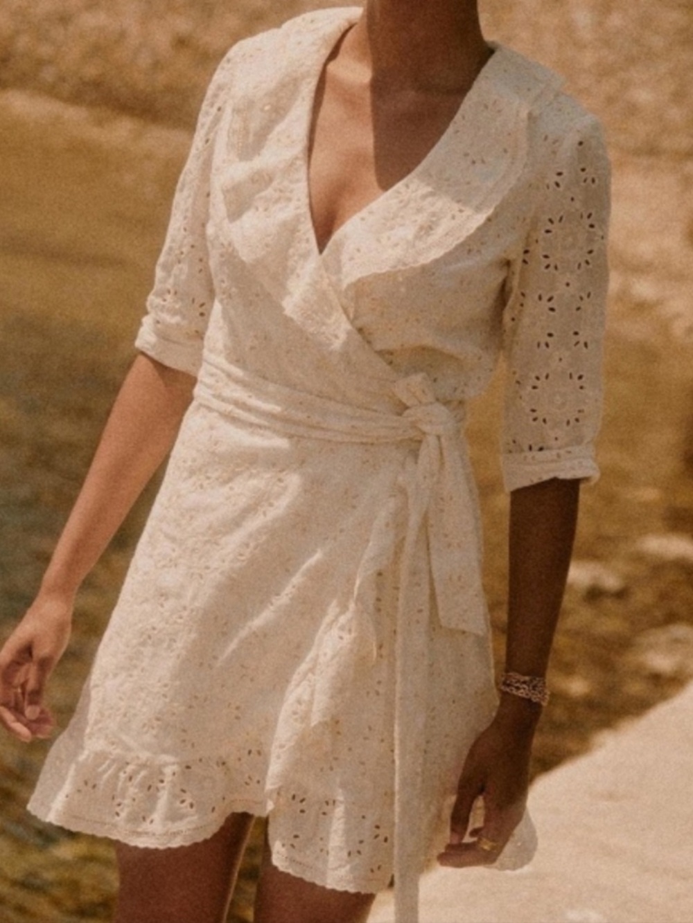 Sezane Cream Eyelet Wrap Mini Dress